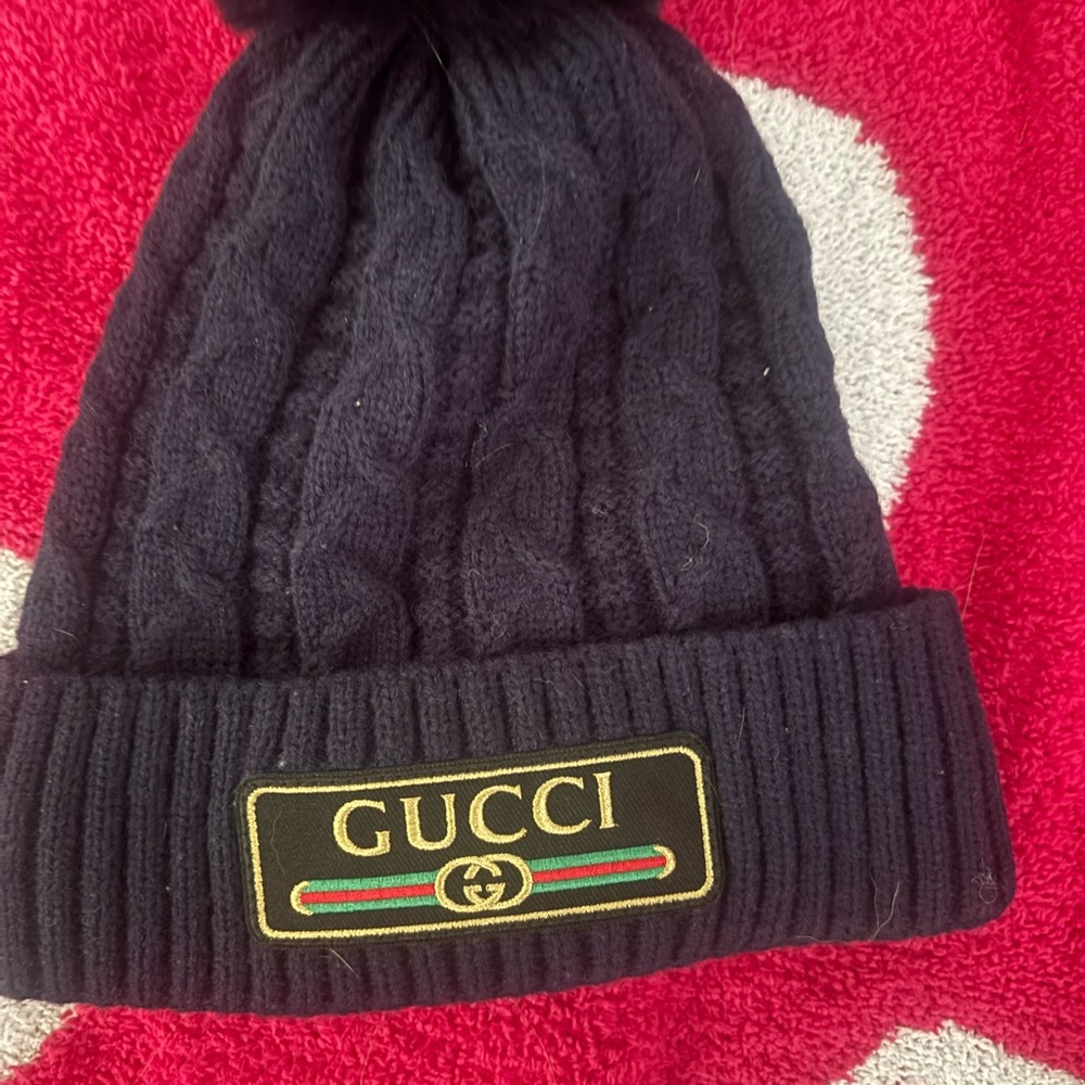 Gucci Black Cable Knit Hat with Logo Patch